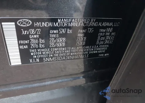 2022 Hyundai Santa Fe Sel from USA, damaged, VIN 5NMS3DAJ4NH474653